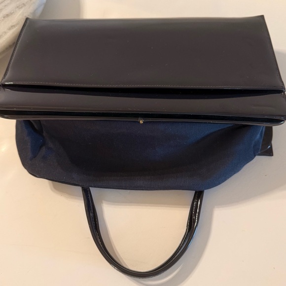 Vintage Elegant Crown Lewis Patent Leather NAVY Handbag. Shiny. Two Top Handles - Picture 5 of 16